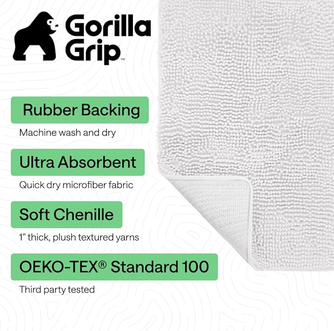 GORILLA GRIP Bath Rug Mat 60x17, Thick Soft Absorbent Chenille, Quick Dry Microfiber Mats, Rubber Backing Washable Shower Floor Rugs, Bathmat Runner, US Designed Bathroom Home Decor Accessories White