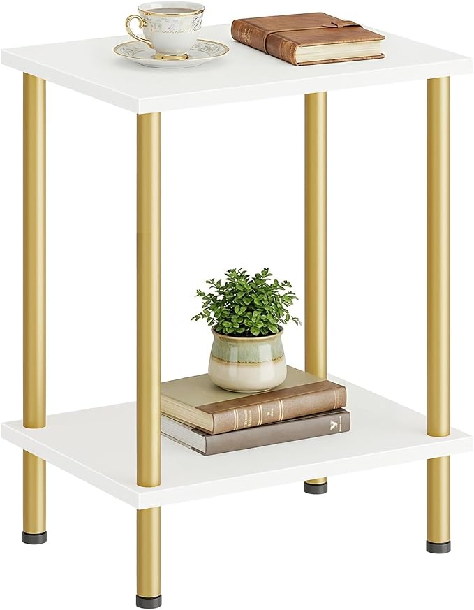 HOOBRO End Table, Small Side Table, Nightstand with 2-Layer Storage Shelves, Sofa Table for Small Spaces, Living Room, Bedroom, Stable Frame, Easy Assembly, White and Gold DW09BZ01