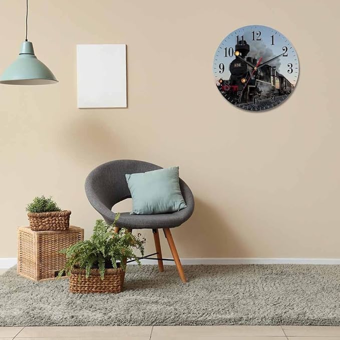 Mxocom Morning Train Wall Clock Old Steam Train Smoke Rairoad Sunrise 10 Inch
