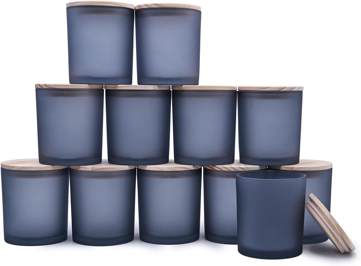 14 OZ Thick Candle Jars for Making Candles 12 Pcs, 3 Wick Empty Jars with Wood Lids for Candle Making, Sample Container, Frosted Grey