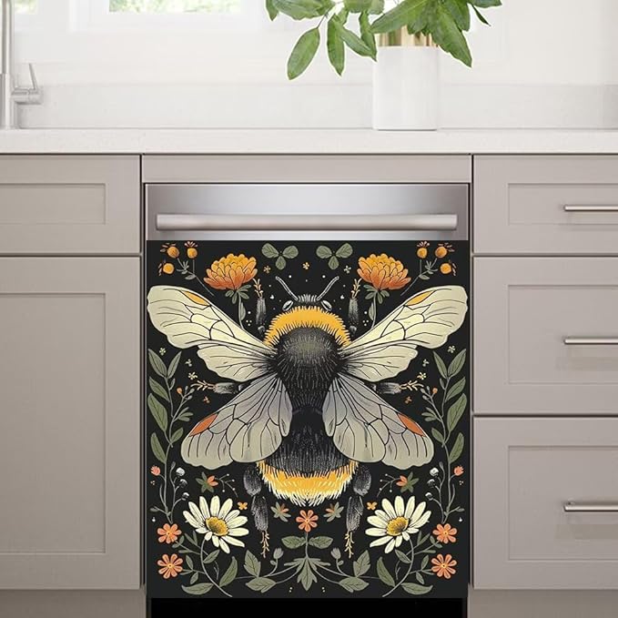 Flower and Bee Wallpaper Dishwasher Magnet Cover Sticekr,Refrigerator Magnet Cover Decal Fridge Microwave Stickers Kitchen Decor,23W x 17H inchs