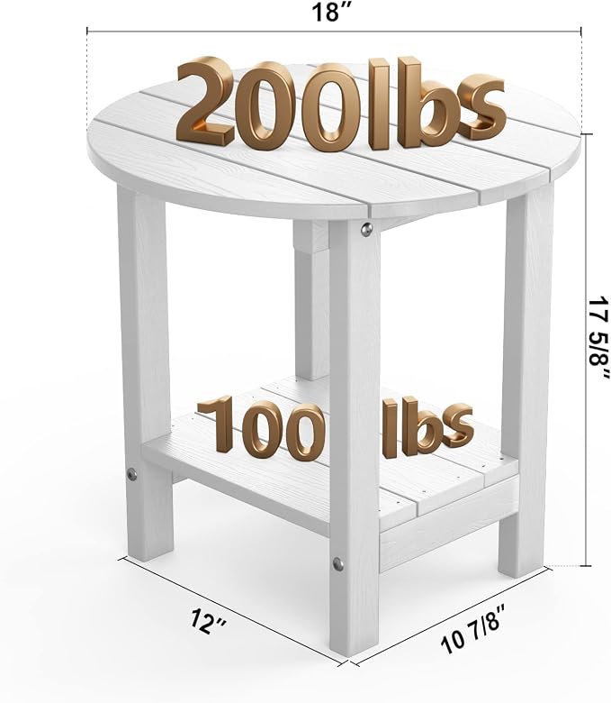MXIMU Round Outdoor Side Table Adirondack Tables 18 Inch Chairside End Tables with Storage Shelf, 2-Tier Plastic Patio Side Table for Balcony Backyard Lawn (White, 1 Pack)