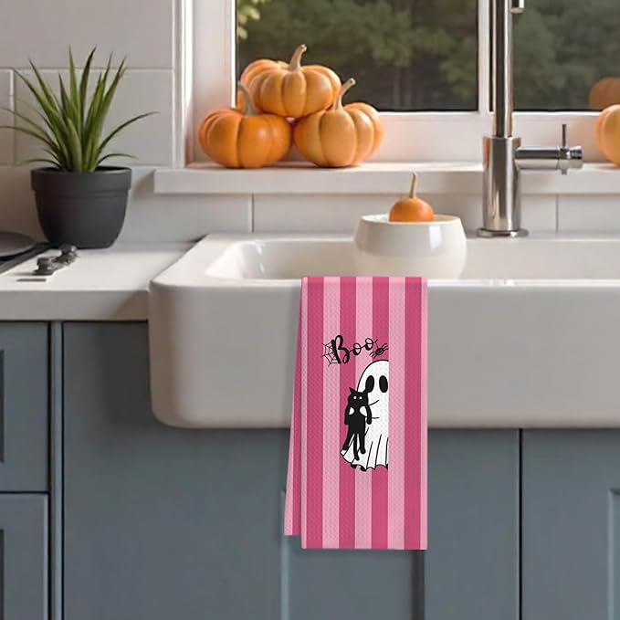 Black Cat Halloween Kitchen Towels, Cat Lover Mom Lady Gifts Dish Tea Towels for Kitchen Decor, Pink Striped Halloween Ghost Decorative Hand Towel for Bathroom, 16x24 Inches
