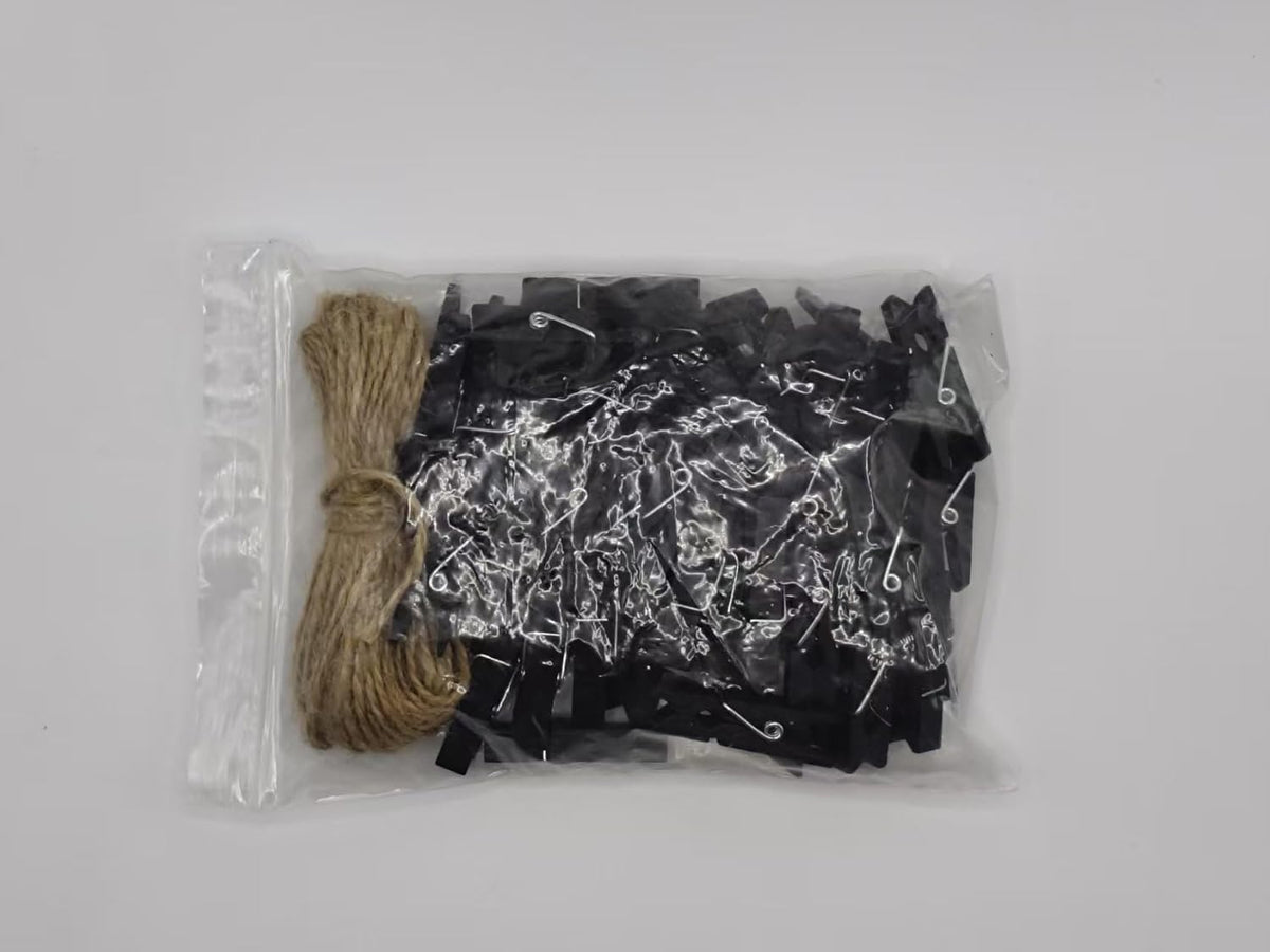 DurReus Wood Clothespins to Hang Photos School Projects 1.5 Inch Clothes Clips with Jute Twine Black Pack 50