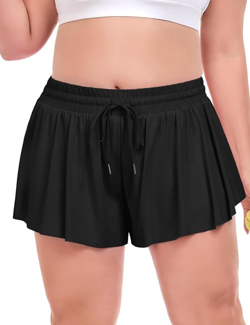 COOTRY Plus Size Flowy Athletic Shorts - 2 in 1 High Waist Butterfly Design for Summer Workouts
