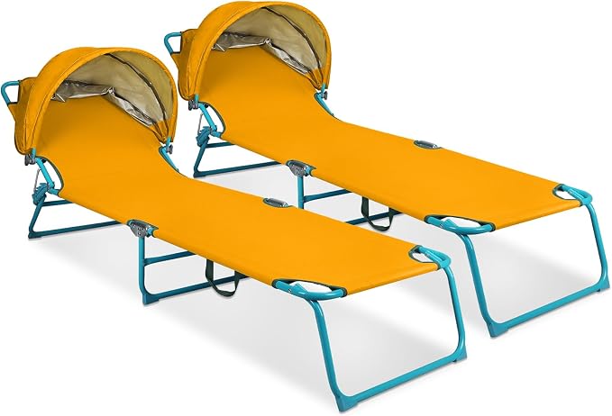 Northroad 2 Pack Beach Lounge Chair with Canopy Shade, Adjustable 4 Position Foldable Tanning Chair, Outdoor Heavy Duty Chaise Lounge Chair, for Poolside Patio Sunbathing Lawn, UPF 50+, Yellow