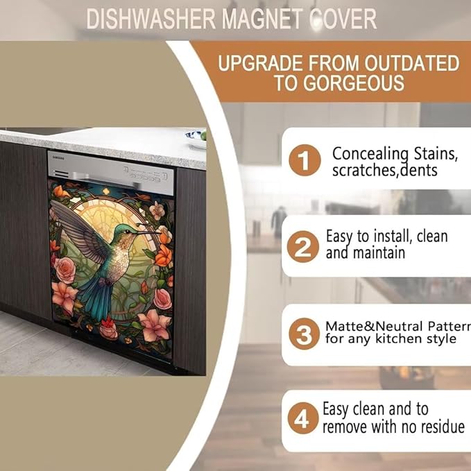 Hummingbird Kitchen Dishwasher Panel Decal, Spring Flowers Refrigerator Covers for The Front, Bird Flower Dishwasher Cover Sticker, 23" x 26" (Ordinary)