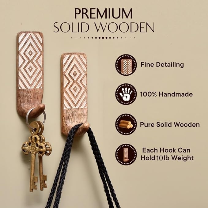 IndianShelf 10 LB- 12 Pieces Decorative Wood Adhesive Wall Hooks–Boho Peel and