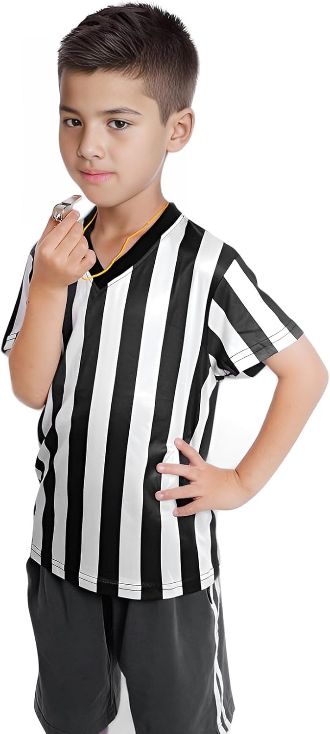 obmwang Kids Referee Shirt Costume, Black and White Stripe V Neck Referee Shirt, Yellow Penalty Flag and Whistle