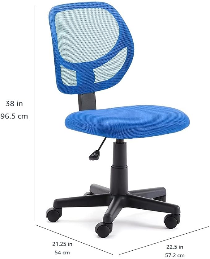 Amazon Basics Low Back Office Chair, Breathable Mesh, Height Adjustable, Padded Seat, Rolling Wheels, Swivel, Blue, 21.25" D x 22.5" W x 38" H