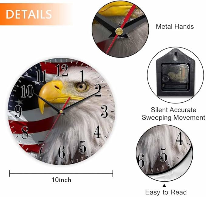 Mxocom American Bald Eagle Wall Clock USA Flag Majestic Bird Freedom 10 Inch