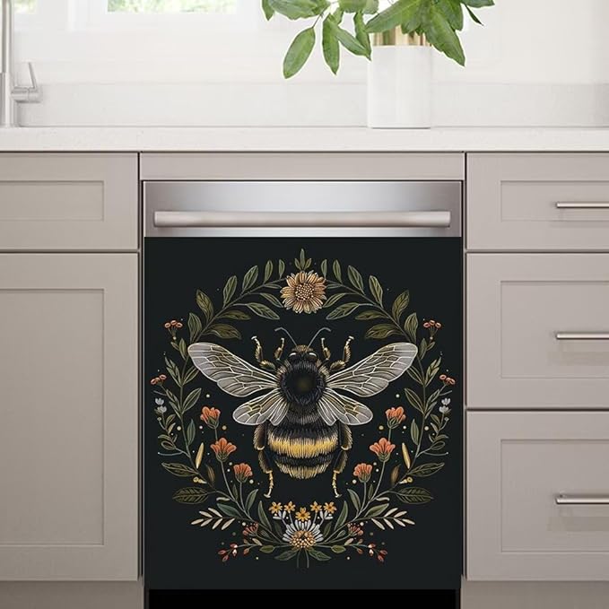 Flower and Bee Pattern Dishwasher Magnetic Cover Sticker Refrigerator Fridge Magnet Panel Decal Magnets Home Kitchen Fridge Front Door Cover 23W x 17H inchs