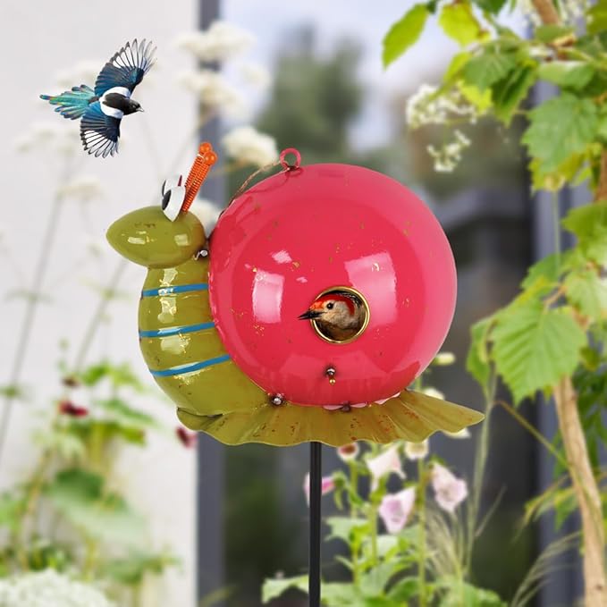 37" Bird Houses for Outside, Outdoor Metal Snail Birdhouse with Hanging String & Poles for Patio, Yard, Garden