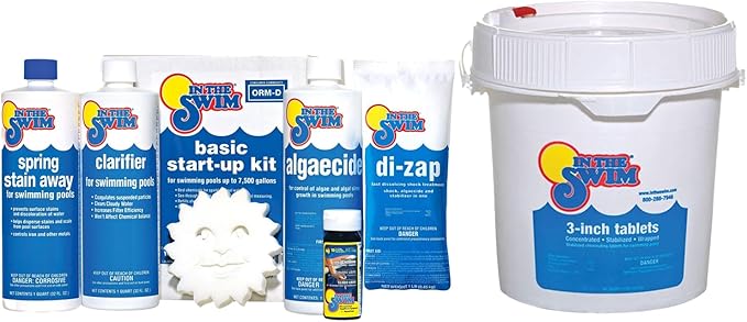 In The Swim Opening Kit and Chlorine Bundle - Pre-Measured Opening Kit for Easy Use - 5 Pound Bucket of 3-Inch Stabilized Chlorine Tablets - Inground and Above Ground Pools Up to 7,500 Gallons