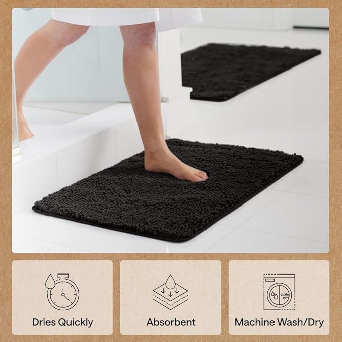 GORILLA GRIP Bath Rug Mat 70x24, Thick Soft Absorbent Chenille, Quick Dry Microfiber Mats, Rubber Backing Washable Shower Floor Rugs, Bathmat Runner, US Designed Bathroom Home Decor Accessories Black
