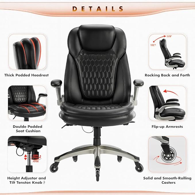 COLAMY High Back Executive Office Chairs,Ergonomic PU Leather Desk Chairs with Flip-Up Armrests, Adjustable Height, Lumbar Support,Comfortable Computer Chairs for Home Office,Set of 2