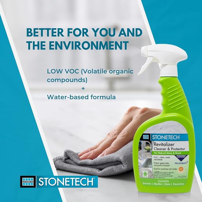 StoneTech Revitalizer Cleaner and Protector | Natural Stone Cleaner | Marble, Quartz, Granite Countertop Cleaner | 3-in-1 Cleans and Reseals | 2-Pack 24 oz Spray + Microfibers, Citrus Scent
