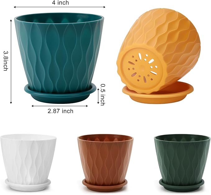 YNNICO 4 inch Plant Pots, 5 Pack Flower Pots Outdoor Indoor, Planters with Drainage Holes and Tray Saucers (Multicolor)