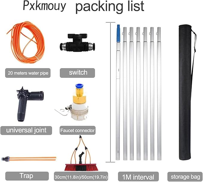 Window Cleaning Telescopic Pole Window Cleaning Kit, Window Cleaning Water Fed Poles Roof Cleaning Tools with 20M Water Supply Pipe, Solar Panel Cleaning Brush(50cm haed,36FT/10.8M)