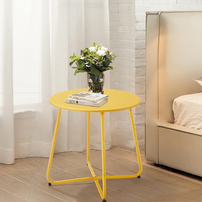 Meluvici Patio Small Outdoor Side Table Waterproof Round Metal Steel Side Table Weather Resistant Portable Outdoor and Indoor End Table for Garden Balcony Yard, Yellow