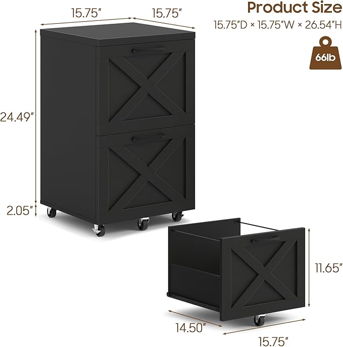 2 Drawer Small File Cabinet with Wheels, Farmhouse Vertical Filing Cabinet Fits A4 or Letter Size, Under Desk Rolling File Cabinets for Home Office, Wooden Printer Stand, Black