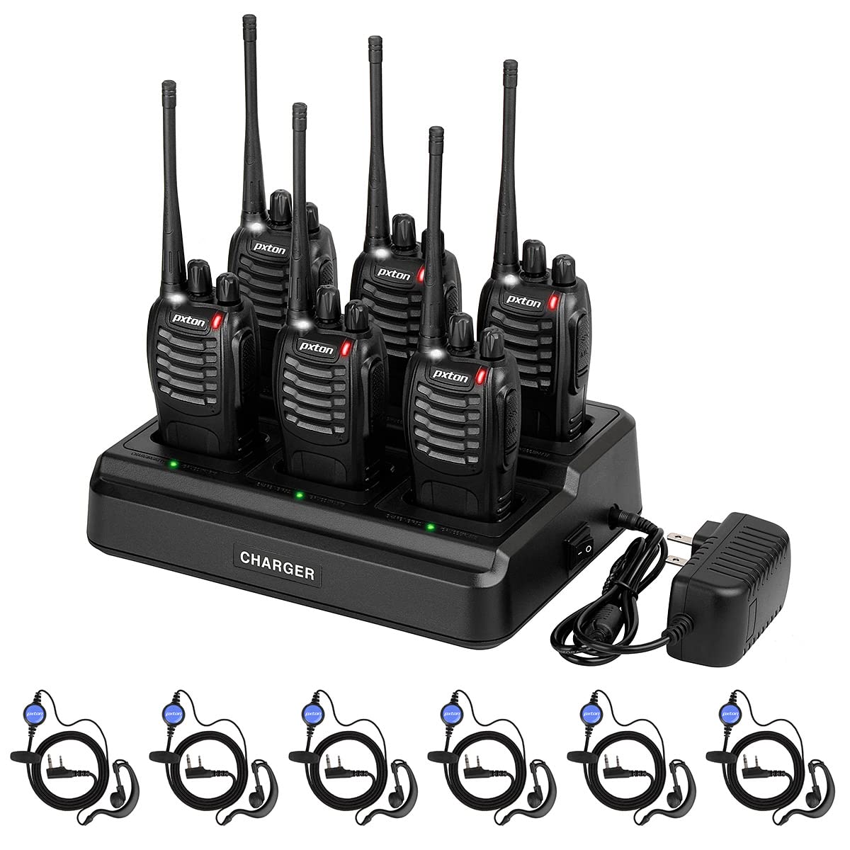 pxton walkie talkies for Adults Long Range with Upgraded Earpiece,radios walkie talkies Rechargeable Portable Two Way Radios with 6 Way Multi Gang Charger and Li-ion Battery (6 Pack)