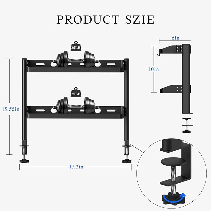 Clamp on Desk Shelf, 2-Tier Office Desk Shelves Organizer, 17in Small Shelf for Top of Desk with Headphone Holder and Hooks, Desktop Storage Rack for Home Workspace, Study Rooms, Gaming Accessories