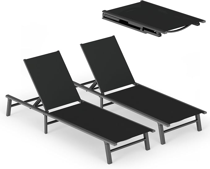 Ciokea Foldable Outdoor Lounge Chair Set of 2, No Assembly Aluminum Chaise Lounge Outdoor with 5 Adjustable Positions, Pool Lounge Chairs with Portable Design for Pool, Beach, Deck, Patio, Black