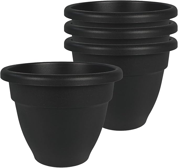 The HC Companies 6 Inch Caribbean Planter Pots with Drainage & Plug, Rolled Rim Plastic Planters for Indoor & Outdoor Plants, 4-Pack Decorative Flower Pots for Garden, Office & Home Decor, Black