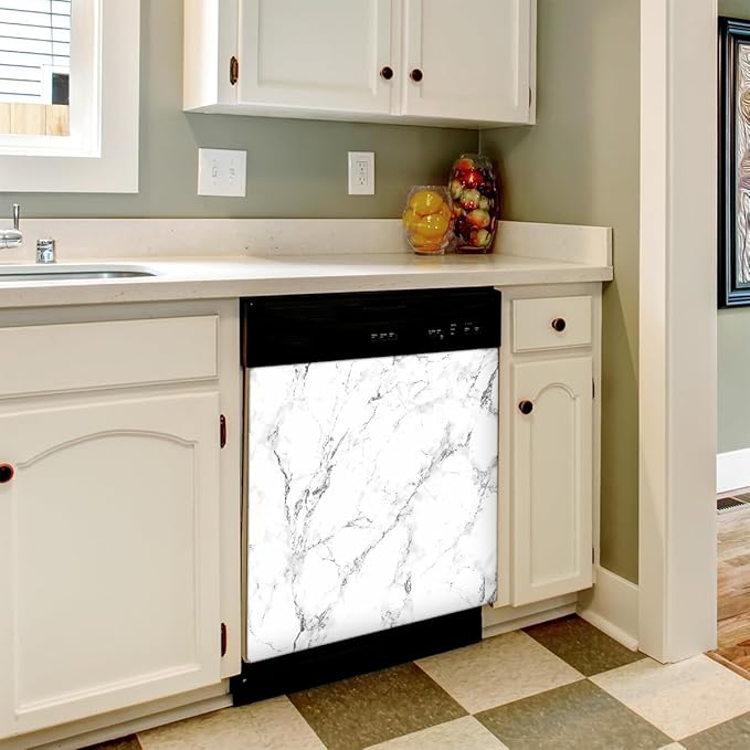 Dishwasher Magnet Cover White Marble Black Texture Reusable Dishwasher Magnetic Cover Sticker Decorative Dish Washer Door Cover Panel for Home Kitcen Appliance, 21x26 in