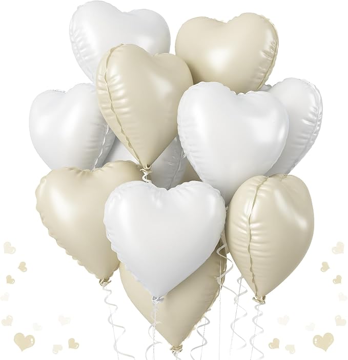 Cream Heart Foil Balloon, 18 Inch Sand White Heart Shape Foil Balloon, Beige Heart Balloons with Grey White Helium Balloons for Valentines Day Boho Birthday Bridal Shower Wedding Baby Shower