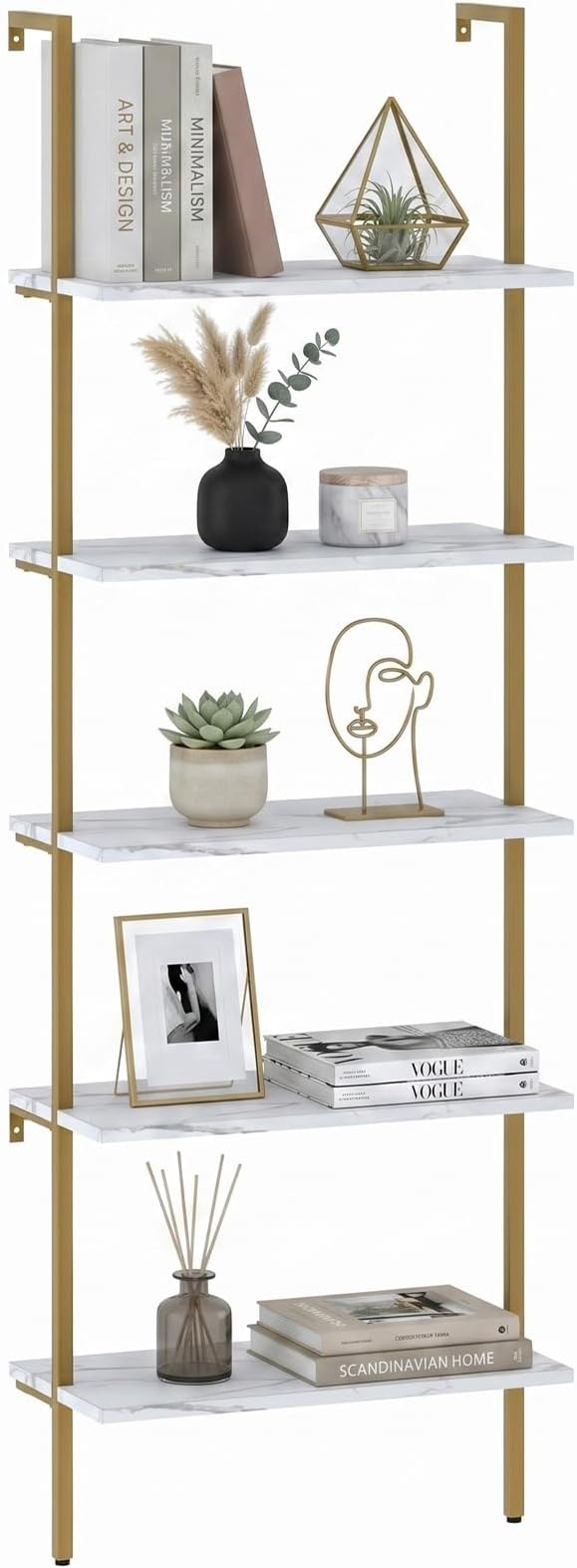 aboxoo Ladder Shelf White Marble Bookshelf 5-Tier Wall-Mounted Wood Rack