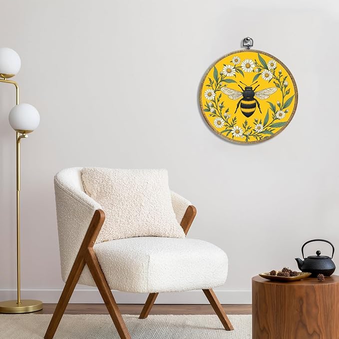 Cute Gold Vintage Floral Bee Gifts Bee Kitchen Decor Boho Art Framed Round Wall Decor Canvas Wall Art Hanging Prints Artwork for Home Garden Nursery Bedroom Living Room Decorations 10.2X10.2 Inch