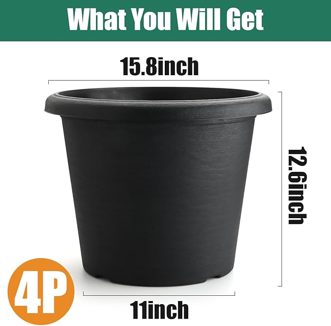 4 Pack 16 Inch Large Planters, Plastic Heavy-Duty Plant Pots with Drainage Holes - Flower Pots for Indoor & Outdoor Plants - 30L Capacity, 16" Dia & 12" Tall, Cement Textured Patio Garden Containers