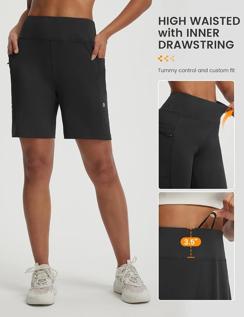 Baleaf Women's High-Waisted Bermuda Shorts - Athletic Running & Workout Shorts with Zipper Pockets