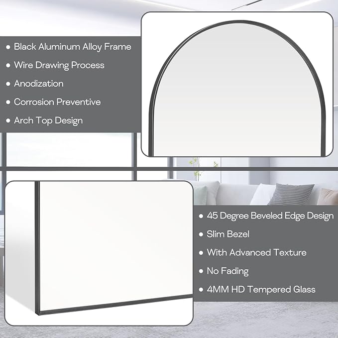 22" x 30" Black Arched Mirror, Arch Wall Mirror, Metal Frame Black Bathroom