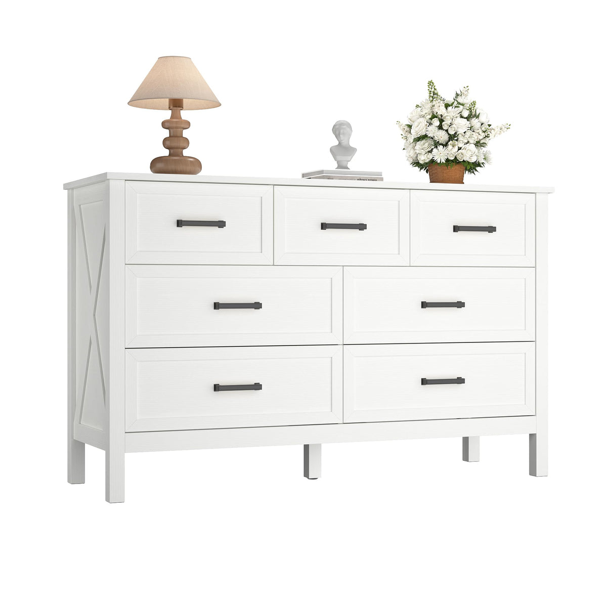 BAZELOR Farmhouse Dresser for Bedroom, 7 Drawers Dresser with Natural Texture, Wood Rustic Wide Chest for Bedroom, Hallway, Entryway, White