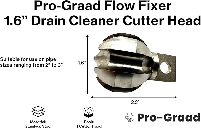 1.6” Flow Fixer Drain Cleaner Plumbing Snake Cutter Head for 2" - 3" Pipes, Clears & Scrapes Pipe Inner Walls, Fits 3/8”, 1/2" or 9/16” Cables, for Commercial & Residential Use