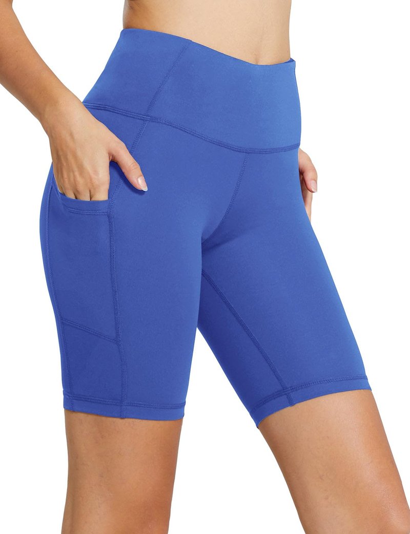 baleaf Biker Shorts Women Yoga Gym Workout Spandex Running Volleyball Tummy Control Compression with Pockets 8" Earth Blue M