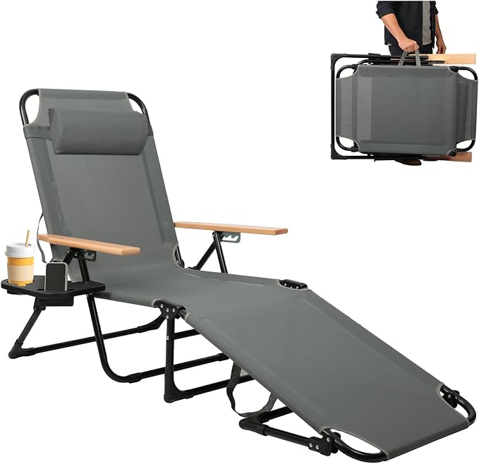 Foldable Chaise Lounge Chair Outdoor, 4-Position Reclining Outdoor Lounge Chairs with Wooden Armrest, Folding Sun Lounger with Removable Pillow for Garden Beach Patio Camp (Gray)