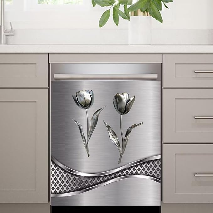 Stainless Steel Flower Pattern Dishwasher Cover Decorative Magnetic Sticker Kitchen Refrigerator Covers for The Front Fridge Door Magnet 23W x 17H inchs