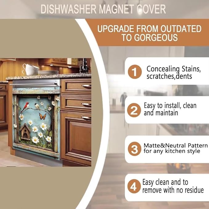 Kitchen Decor Dishwasher Magnet Cover Decal, Rustic Farm Floral Window Birds and Flowers, Magnetic Dish Washer Panel Door Vinyl Sticker, Refrigerator Magnets,Easy to Clean, 23 x 26 inch