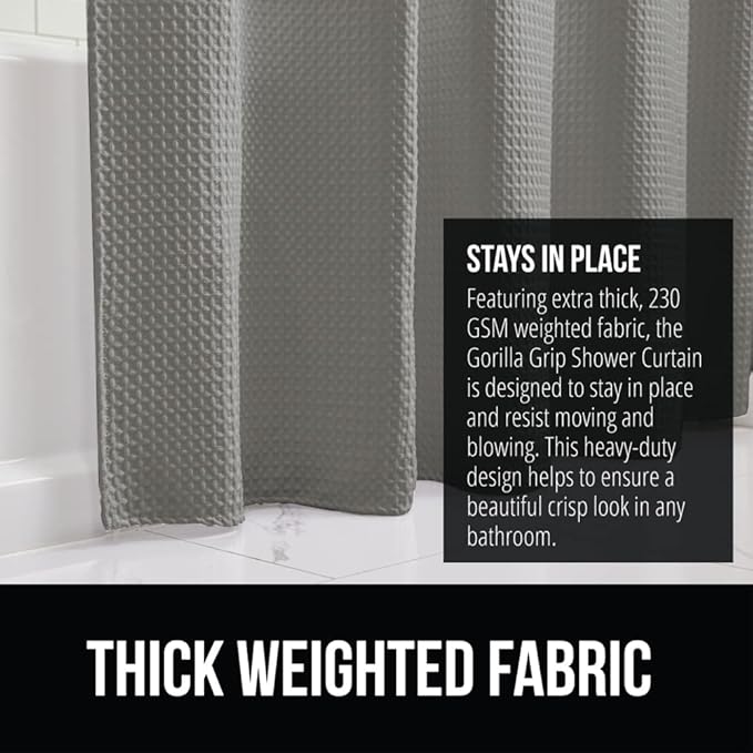 GORILLA GRIP Waffle Shower Curtain, Thick Weighted Fabric, Wrinkle and Rust Resistant, Classic Hotel Quality Design, Heavy Duty Long Curtains for Bathroom Showers, Bath Tubs, Machine Wash, 72x72, Gray