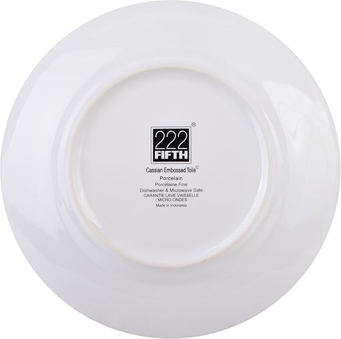222 Fifth 12-Piece Porcelain Dinnerware Set for 4, White & Blue Plates and Bowls Set, Glossy Ceramic Dish Set with Embossed Toile Pattern, Elegant Kitchen Dishes, Microwave & Dishwasher Safe, Cassian
