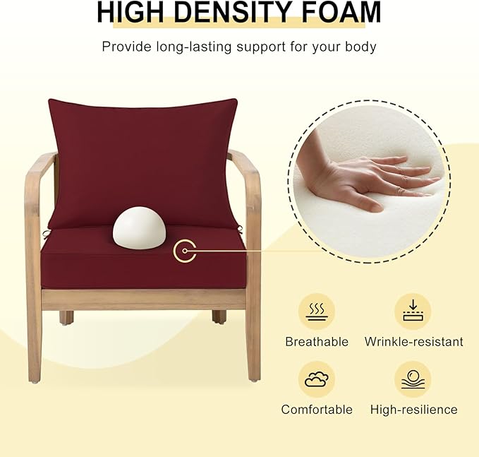 downluxe Outdoor Chair Cushions 24x24 with Removable Cover, Waterproof Patio Furniture Cushions, Deep Seat Cushions for Outdoor Furniture with Backrest for Sofa, Couch and Patio Chairs, Burgundy