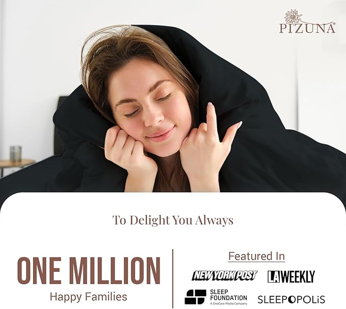 Pizuna 100% Cotton King 3 Pc Duvet Cover + 1 Pc Fitted Sheet Set 400 Thread Count Black Sateen Weave Luxurious Long Staple Cotton 4 Piece Bedding Set - 1 Duvet Cover, 2 Pillow Shams, 1 Fitted Sheet