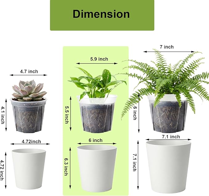 6 Pack of 6in Plastic Cachepot with 6 inch Clear nusery Pot - self Watering Indoor Planter with Drainage for Root Visibility,semi Hydro pots for repotting Monstera,Orchids,Aroid,White