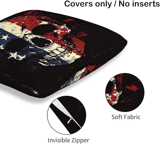 Patriotic Skull Throw Pillow Covers 18x18 Set of 2 | Decorative Cushion Cases for Couch, Sofa and Bedroom | Rustic Americana Home Decor for Living Room, Man Cave