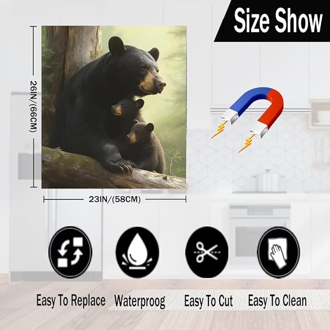 Forest Animal Bears Kitchen Dishwasher Magnet Cover Decoration, Mother Bear with Two Cubs Dishwasher Panel Decal Magnetic, Black Bear Refrigerator Front Door Cover, 23" x 26" Magnetic