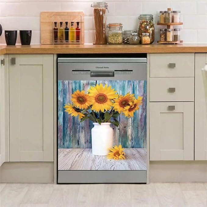 Colorful Wooden Background Kitchen Magnetic Dishwasher Front Door Cover Decor, Vase Sunflower Fridge Panels Decals Vinyl Magnet Cover, Magnetic 23"x26"INCH